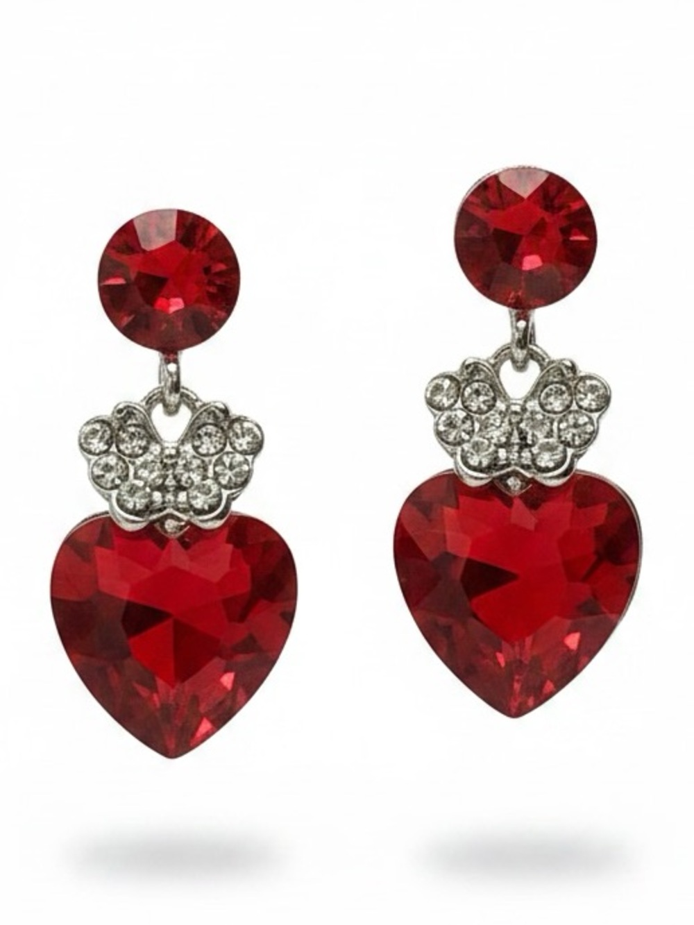 Red Heart Drop Earrings with Crystal Accents